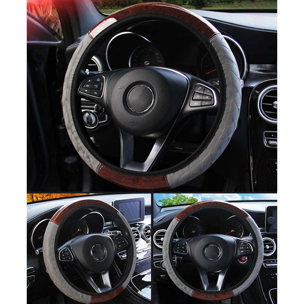 Auto Dekoration Universal Holz Muster Innen Zubehör Auto Lenkrad Abdeckung PU Leder Lenkung Abdeckungen 4 Farben