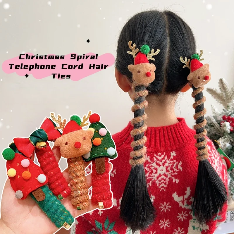 

Christmas Hair Accessories for Kids - Curly Telephone Cord Hair Ties, Girls' Twin-Tail Hair Bands, Festive Reindeer Hair Elastic