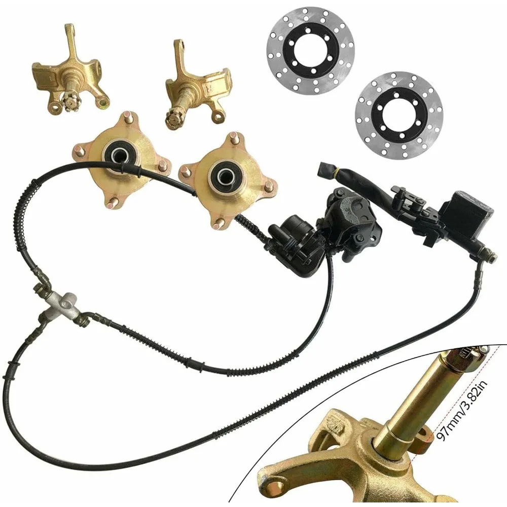 125-250cc ATV Front Steering Knuckle Kit-High-Strength Steel,2 Spindles+2 Disc Rotors+1 Caliper,Durable for Off-Road&Direct Fit