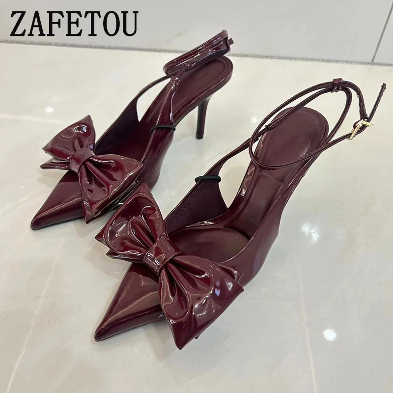 Zafetou  Red Lacquer Leather High Heels Fashion Bow Pointed Toe Slingback Women’s Sandals 2024 Autumn Wedding Stiletto Heels