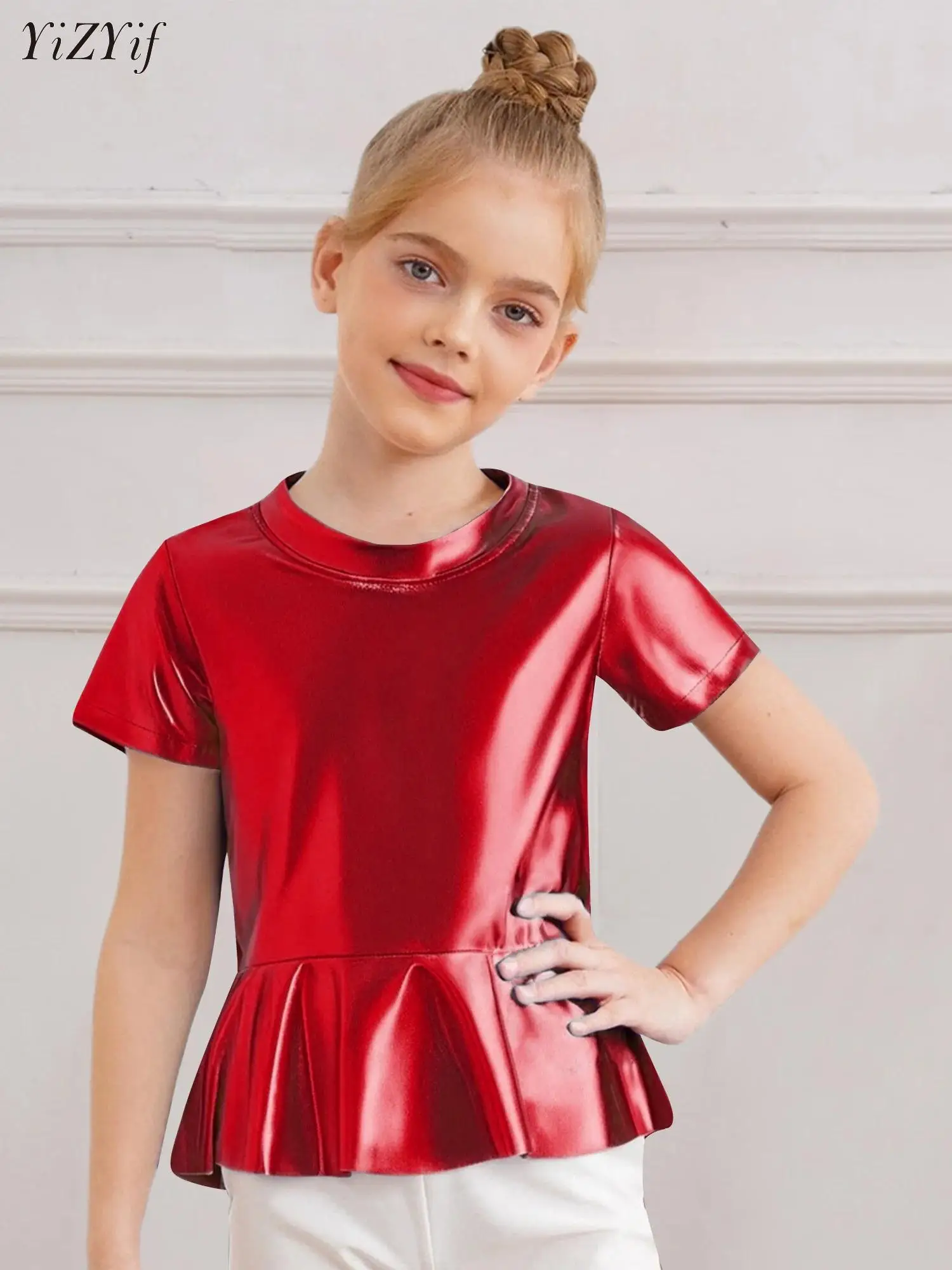 

Kids Girls Shirt T-Shirt Child Shiny Metallic Loose Jazz Hip Hop Dance Crop Top Blouse Disco Party Stage Performance Dancewear