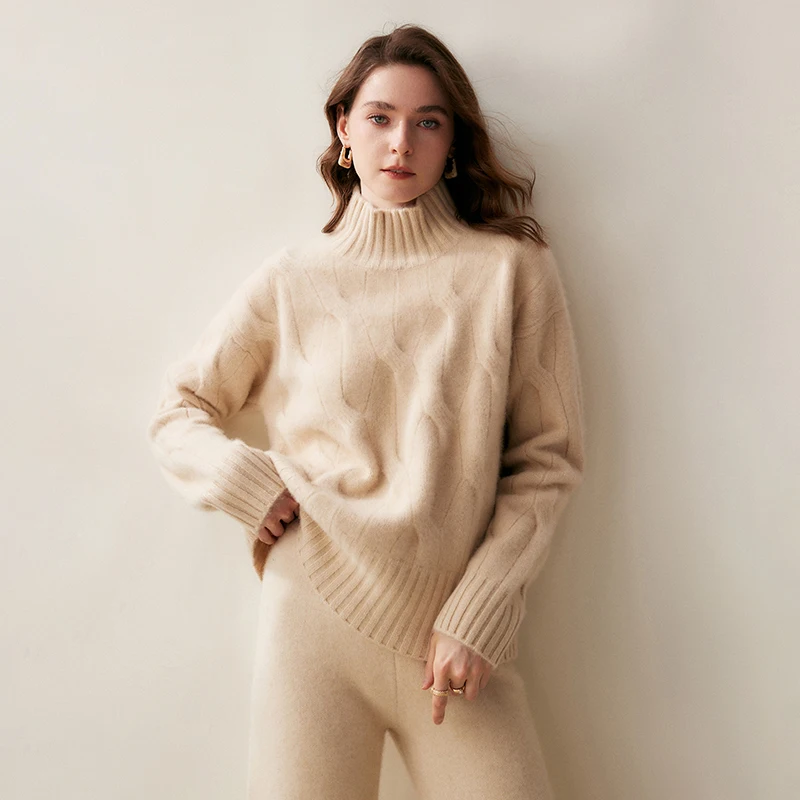 

Women 100% Cashmere Sweater Vintage Loose Style Half-High Neck Pullover Cable Knitting Thickened Cashmere Knitwear Autumn Winter
