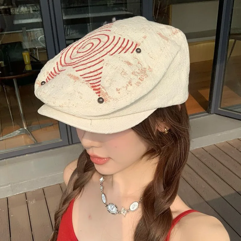 Departamento japonês de harajuku retro graffiti estrelas para frente chapéus para mulheres versátil y2k pentagrama pintor boina boné