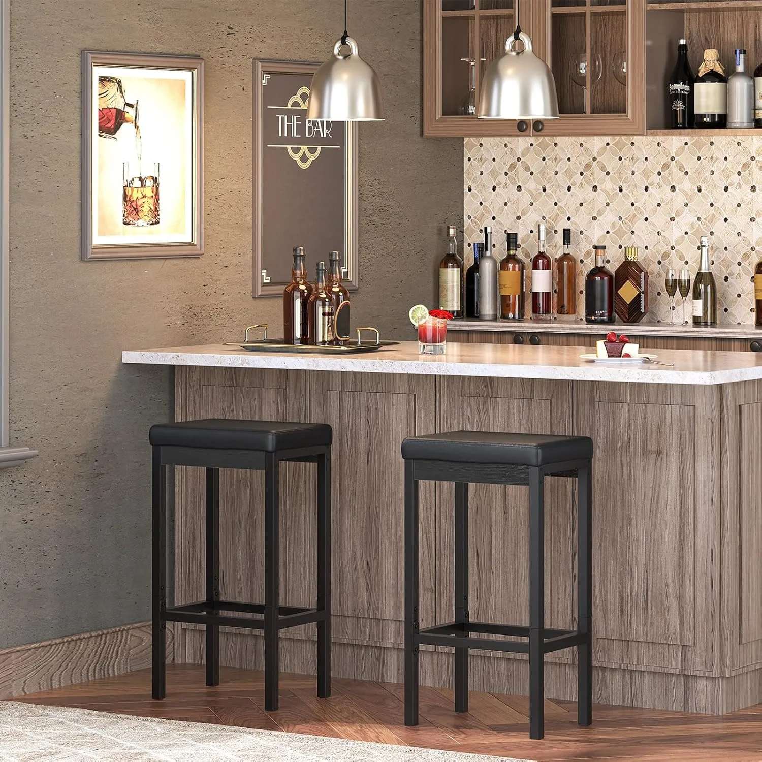 Bar Stools, Set of 2 Bar Chairs, 24.8-Inch Height Stools, Breakfast Bar Stools, Kitchen Bar Chairs, 2" Thick Upholstery