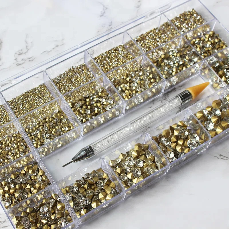 21 - Grid Boxed PointedBack Nail Rhinestones SetDIY Nail Art Stacking Gems, High - Shine Manicure Decoration Kit for Nail Design