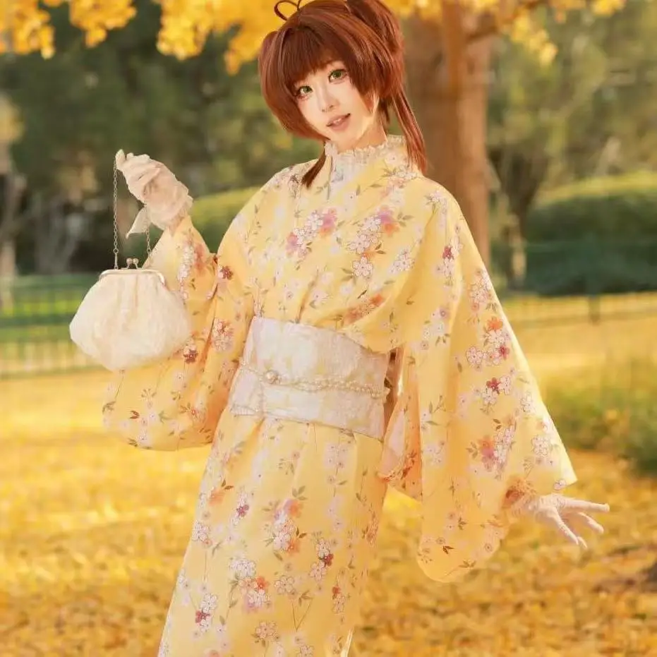 Lindo Kimono Amarillo para Niñas, Estilo Japonés, Anime Yukata, Disfraz de Carnaval, Cosplay, Kimono Asiático Femenino