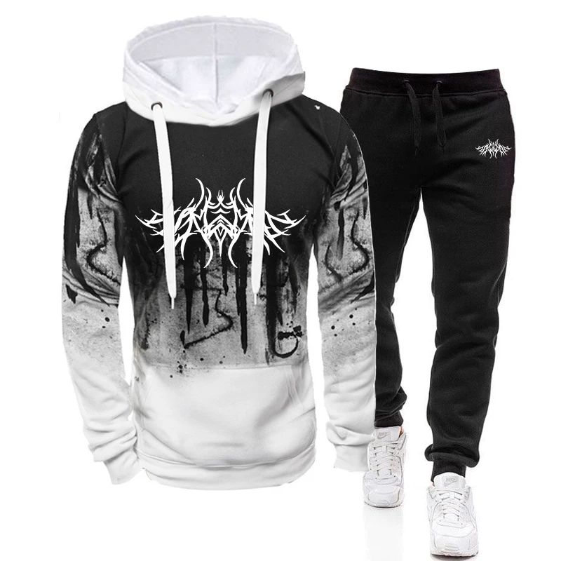 Mens Tracksuit Splash-ink Hooded Sweatshirt Casual Trousers Running Suit Men Sports Two-piece Set Male Fashion Jogging Clothes