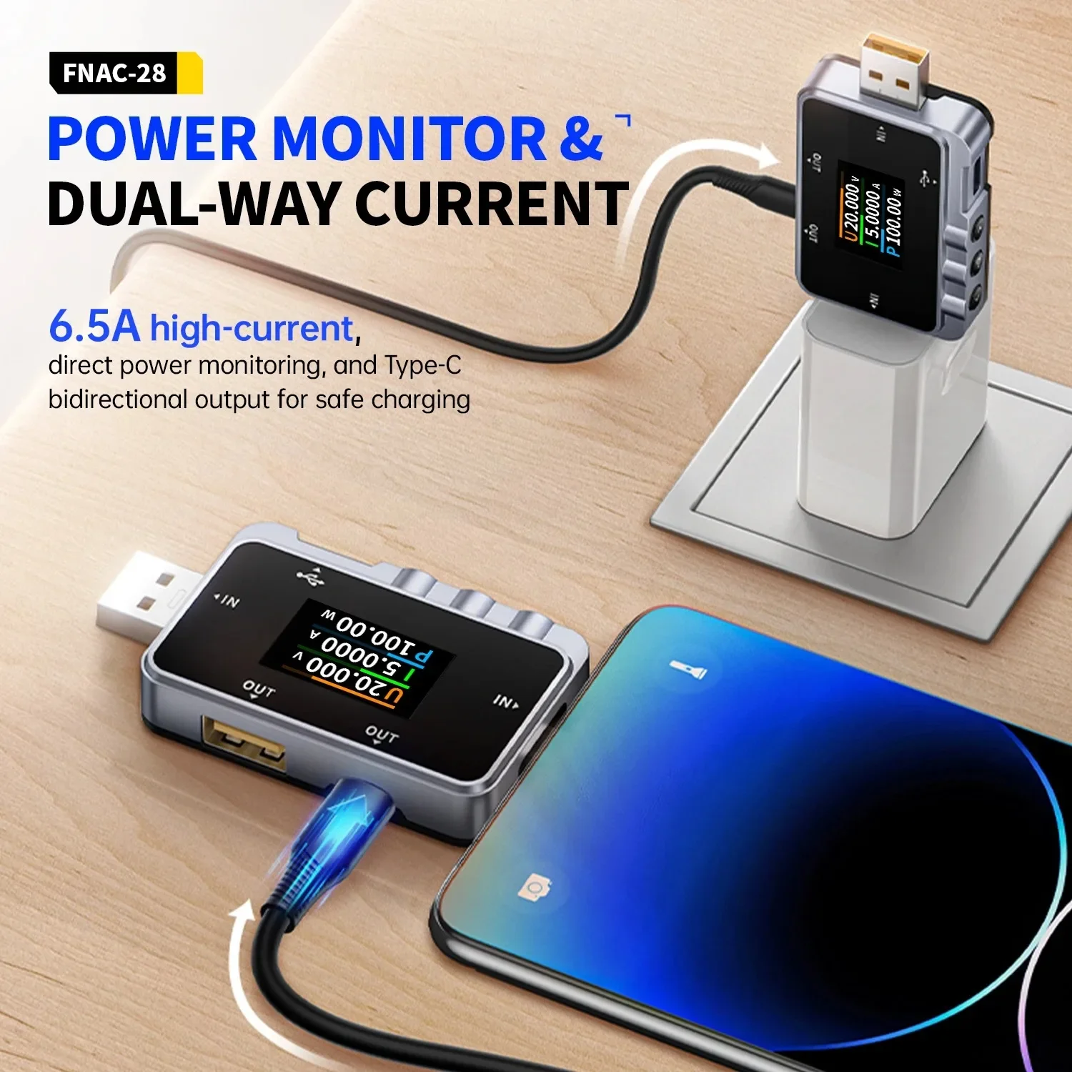 FNIRSI FNAC - جهاز اختبار USB 28 من النوع C - أداة 2 في 1، 6.5 أمبير، لقياس الجهد الرقمي والتيار، اختبار الكابل والشاحن