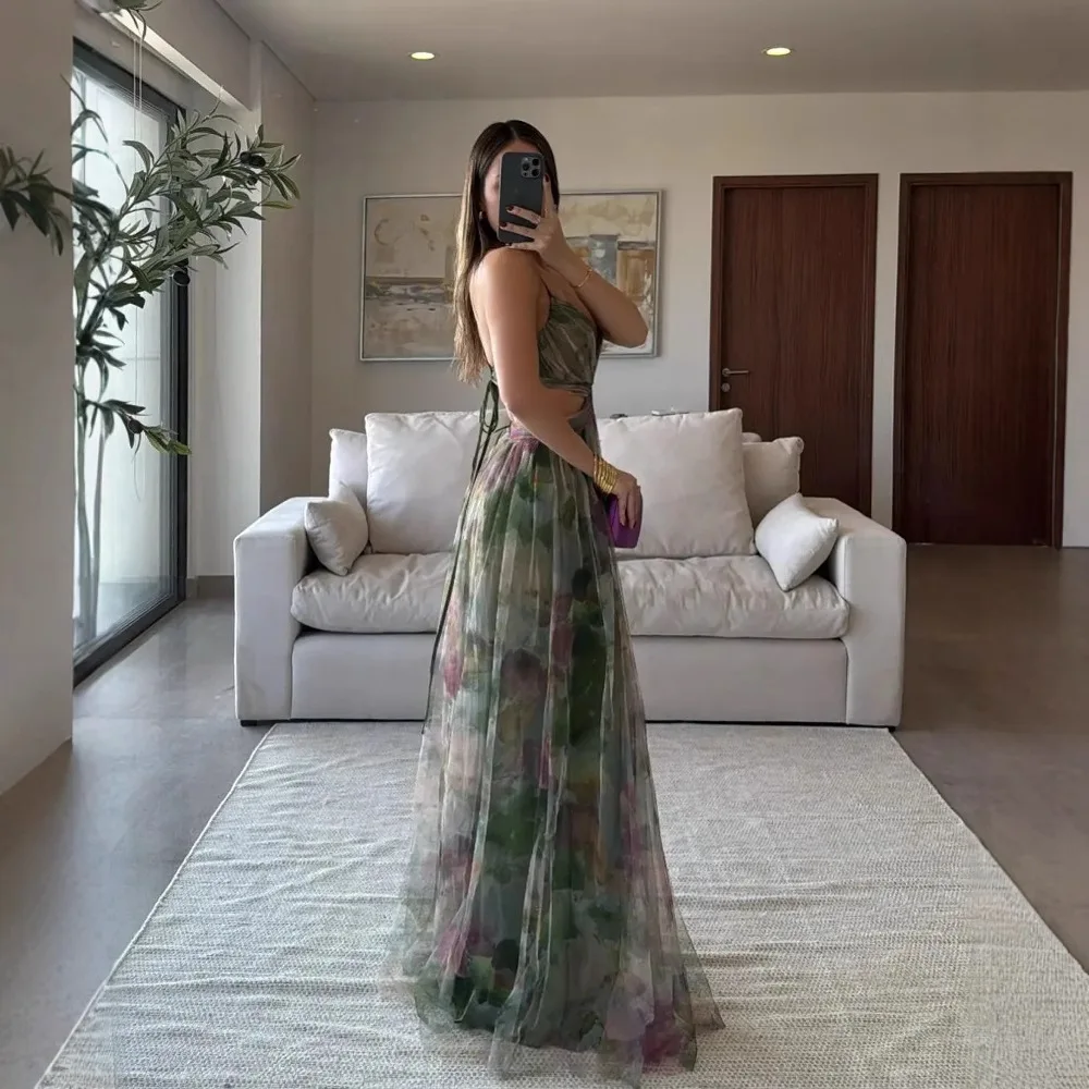 

Hollow Fashionable 2025 Women's Casual Dress Summer Elegant Sleeveless V-neck Party Dress Backless Lace-up Printed Women's Dress