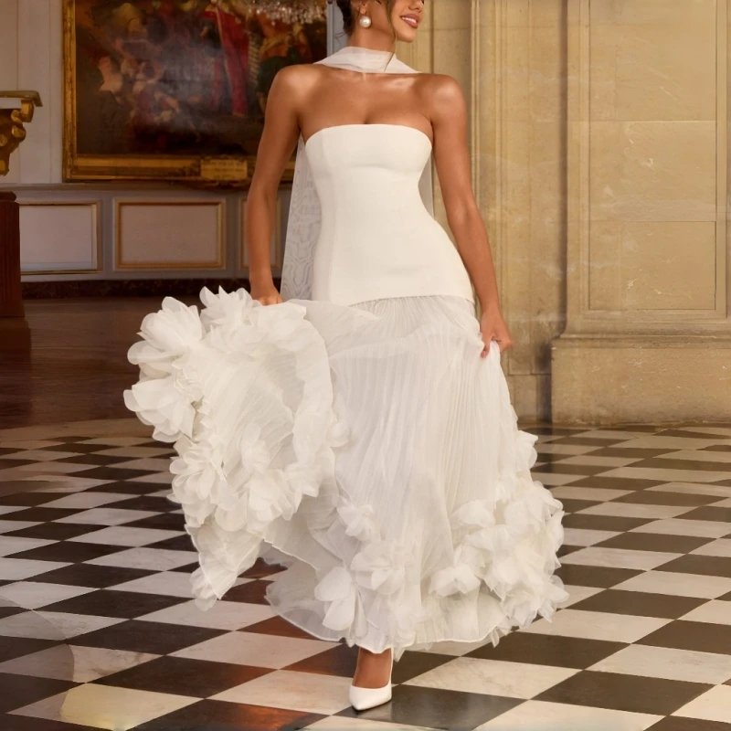 

Elegant A-Line 3D Flowers Prom Dress Organza/Satin Sleeveless Strapless Graduation Women's Evening Dress Pleated Vestidos 2026