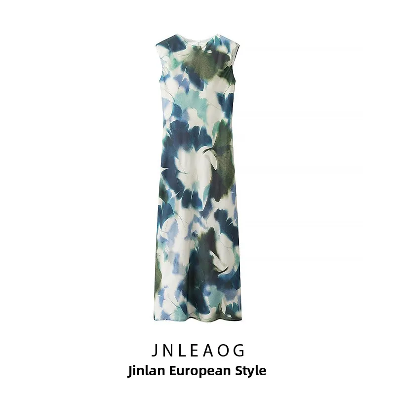JNLEAOG Autumn New Women's Silk Satin Print Midi Dr High Waist Straight Tube Summer Busin Casual round Ne Dr