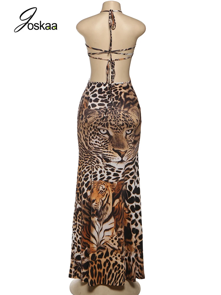 Yomesugar 2025 Fall Women's Tiger Print Halter Bodycon Dress Sexy Hollow Backless Bandage Skinny Midnight Prom Party Clubwear