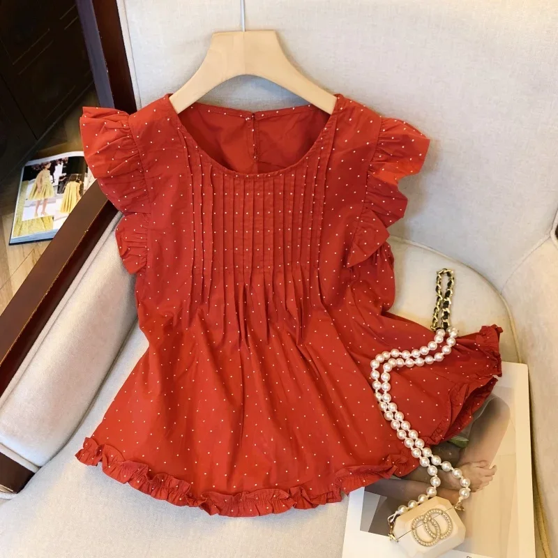 موضة منقطة قمصان المرأة الصيف جديد طباعة الأبيض تحلق كم البلوزات امرأة الحلو الكورية الأحمر تصميم غير رسمي الإناث بلايز