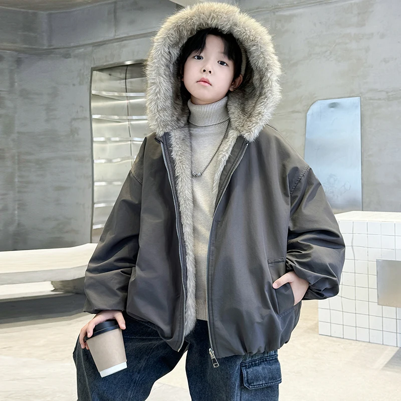 

2025 Winter New Children's Two sided Hooded Thick Coat for Boys' Imitation Fur One piece Warm Cotton Coat for Girls' Coat