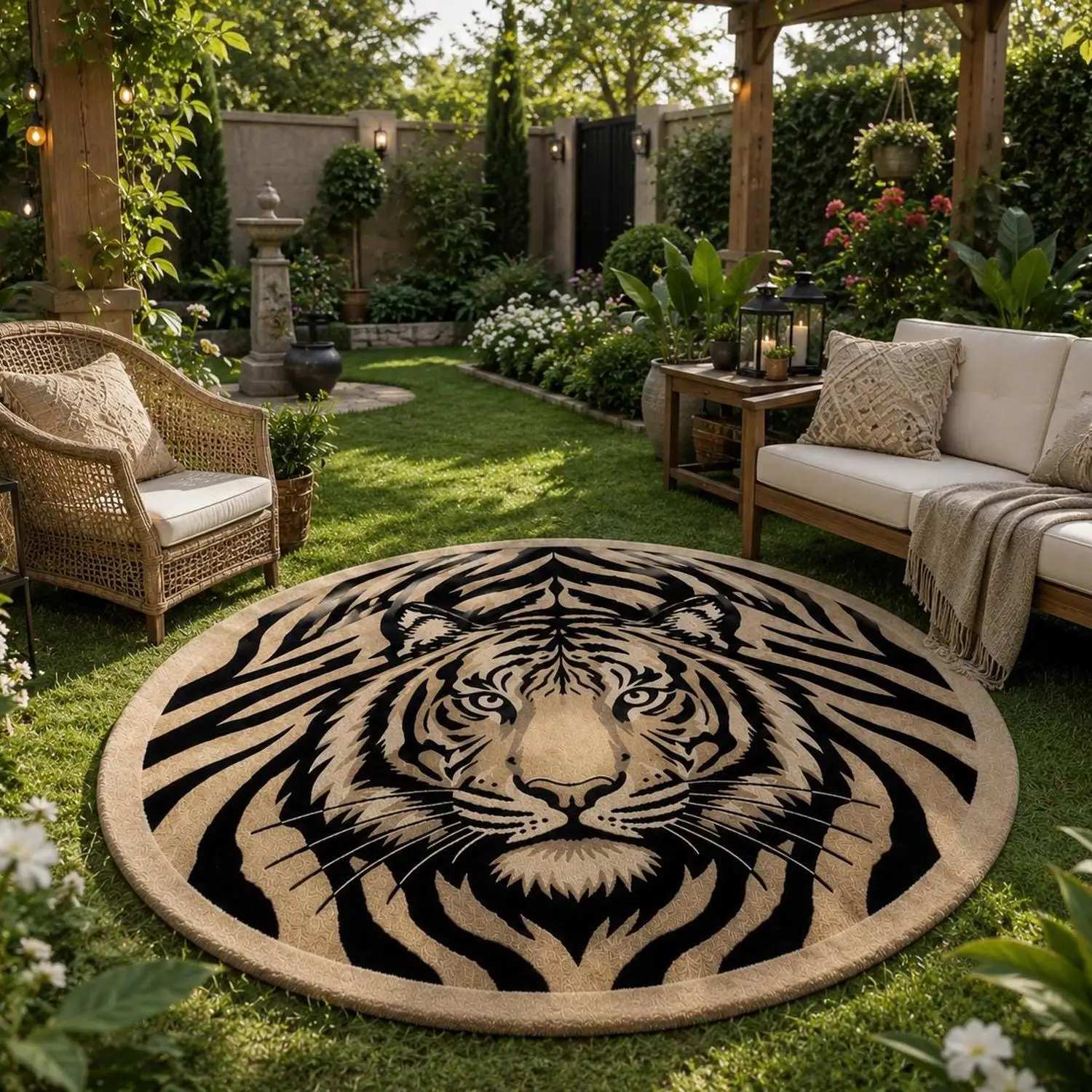 【Room Decor Carpet】Round Tiger Face Carpet, Black and Beige Unique Carpet, Jungle Adventure Decor
