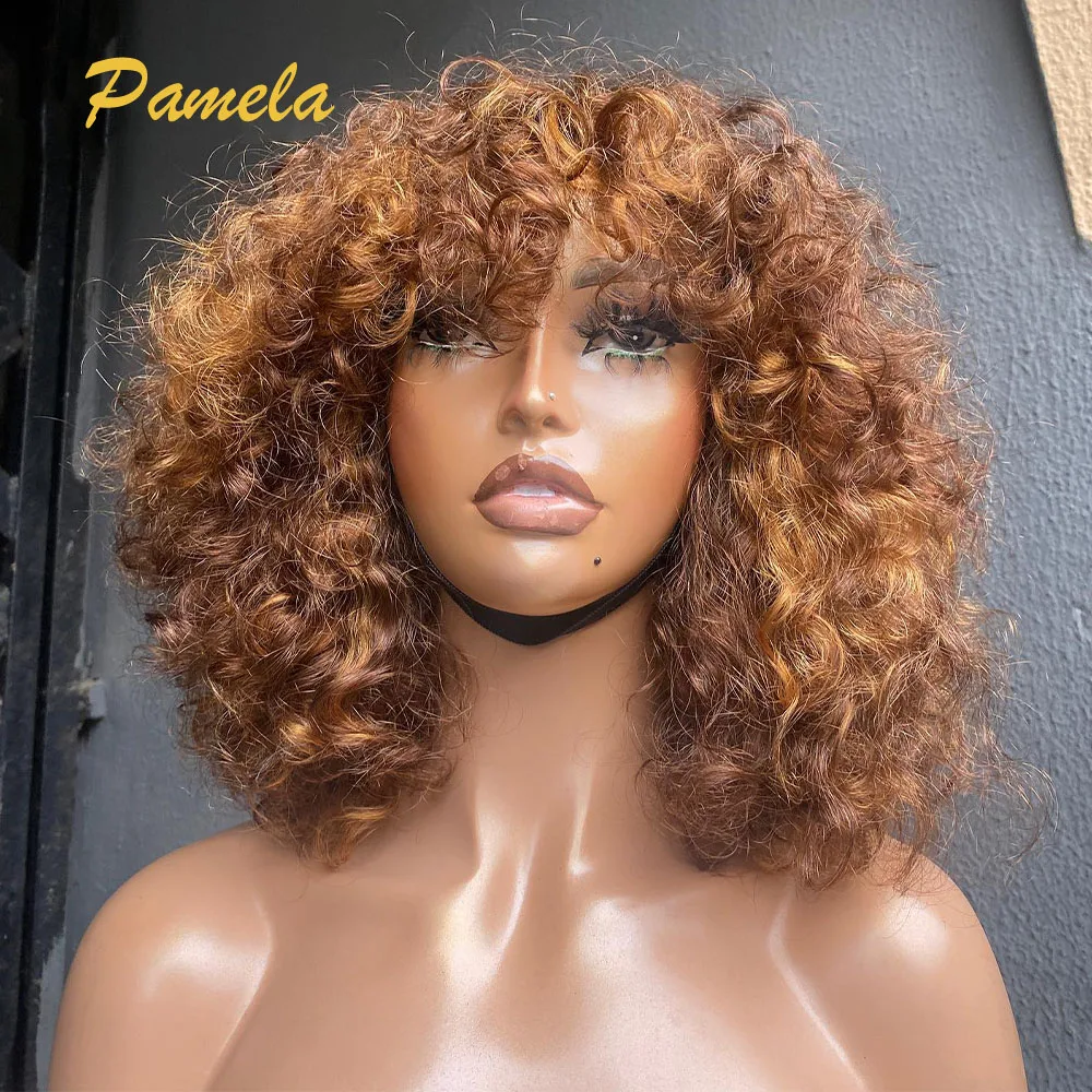 Honey Blonde Curly 4x4 Transparent Lace Closure Wig Human Hair Ready To Go Highlight Short Bob Lace Front Wig With Bangs