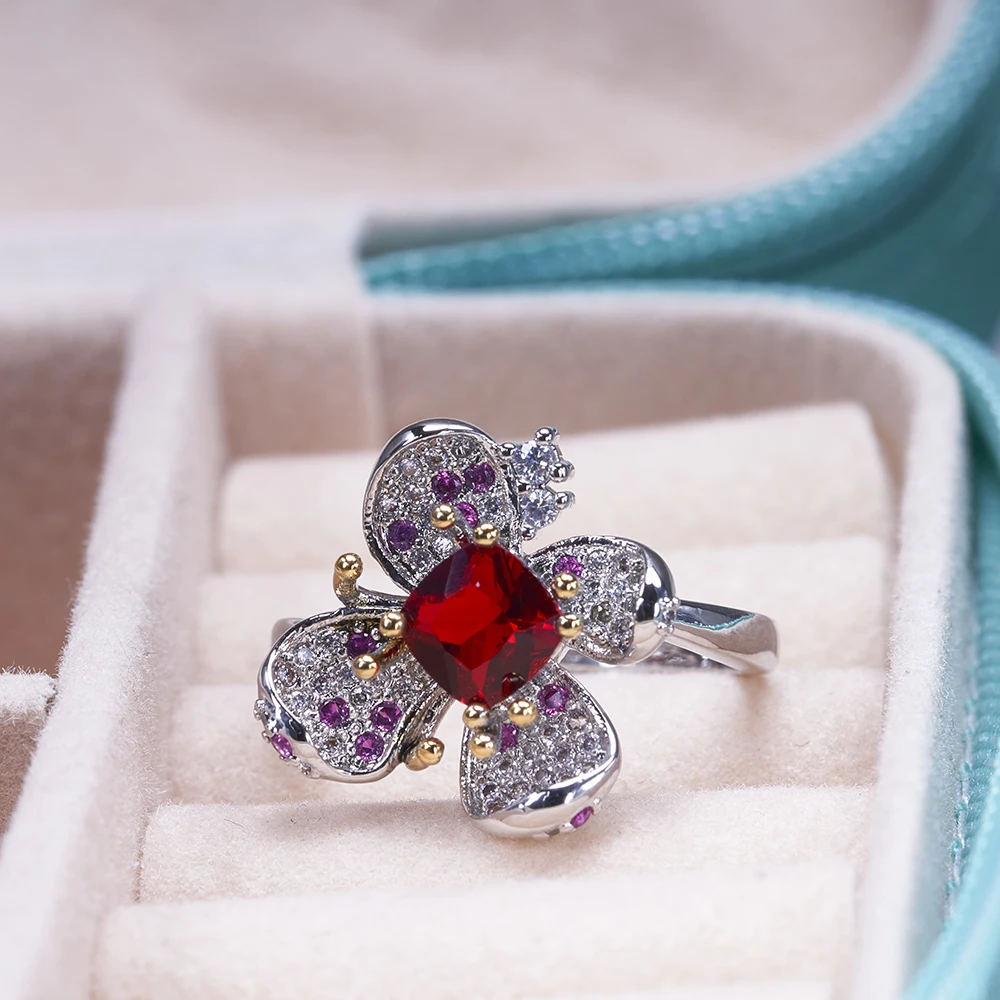 Vintage Women Butterfly Shape Ruby Color Gemstone Ring Silver 925 Jewerly Female Dating Party Finger Ring Gift Wholesale