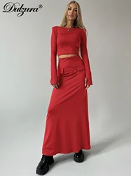 Dulzura Women’S Elegant 2 Piece Skirt Set Long Sleeves Shoulder Pad Crop Top And Pocket Maxi Skirt Matching Set Party Streetwear