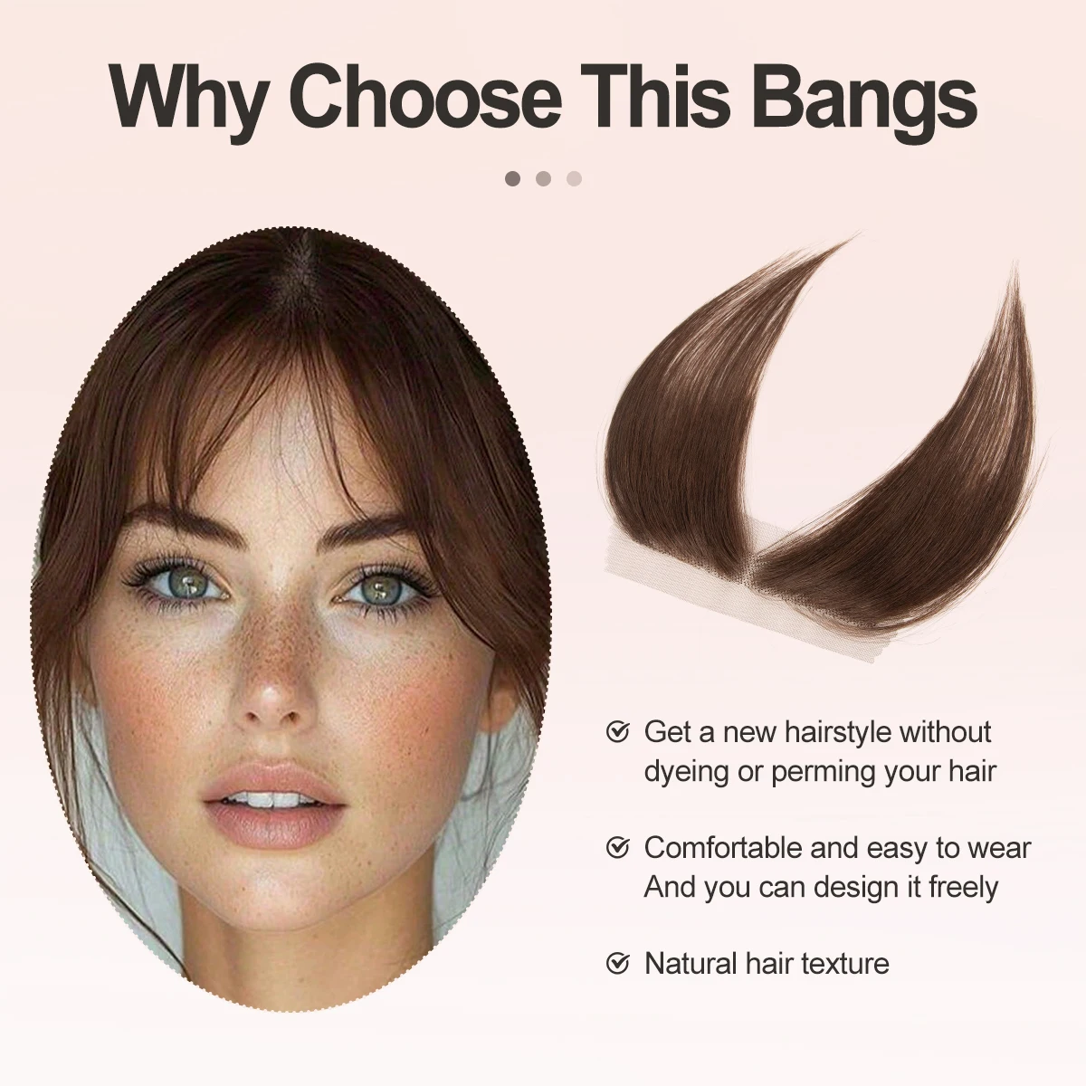 Women's  Human Hair Hairpiece Looking Front Hairline Extension with Short Middle Part & Side Bangs Lace Base for Thinning Hair