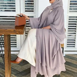 Women Muslim Long Sleeve Flowy Maxi Cardigan Islamic Open Front Kimono Abaya Robe Solid Color Belted Loose Cover Up Dress