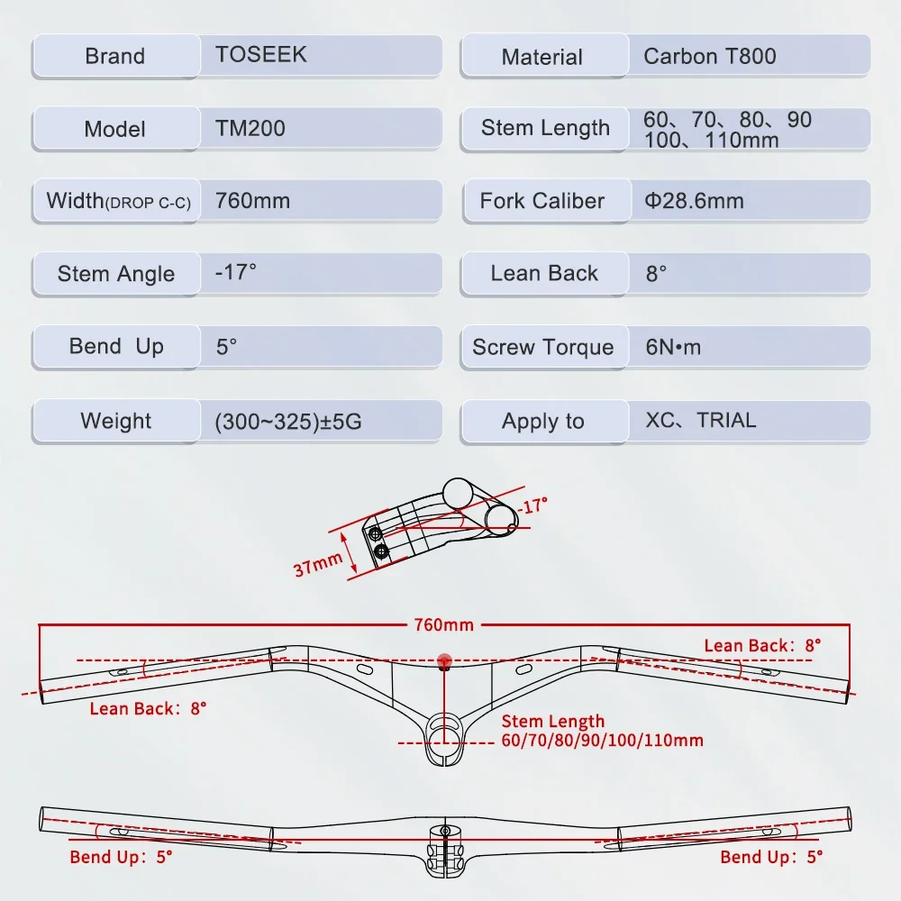 TOSEEK-Integrated Handlebar for Mountain Bicycle Parts, MTB Stem, Internal Wiring Carbon T800, 28.6mm-17Degree, TM200