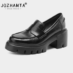 JOZHAMTA Size 35-39 Real Leather Loafers For Women Thick High Heels Pumps Platform Spring Shoes 2025 Ins Fashion Office Lady