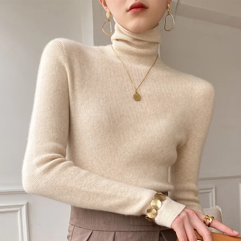 Sweater wanita musim dingin, Sweater wanita kasmir Turtleneck hangat rajut Korea kasual Solid Bottoming kemeja Fashion rajut pullover Sweater coklat