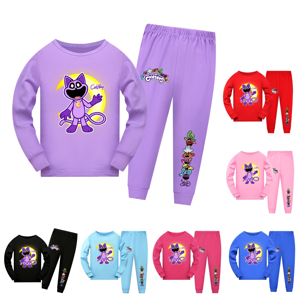 Kids Smiling Critters Cartoon Catnap Pyjama Costume Catnap Print Girls Boys Long Sleeve TShirt + Pants 2pcs Sets Casual Pajamas