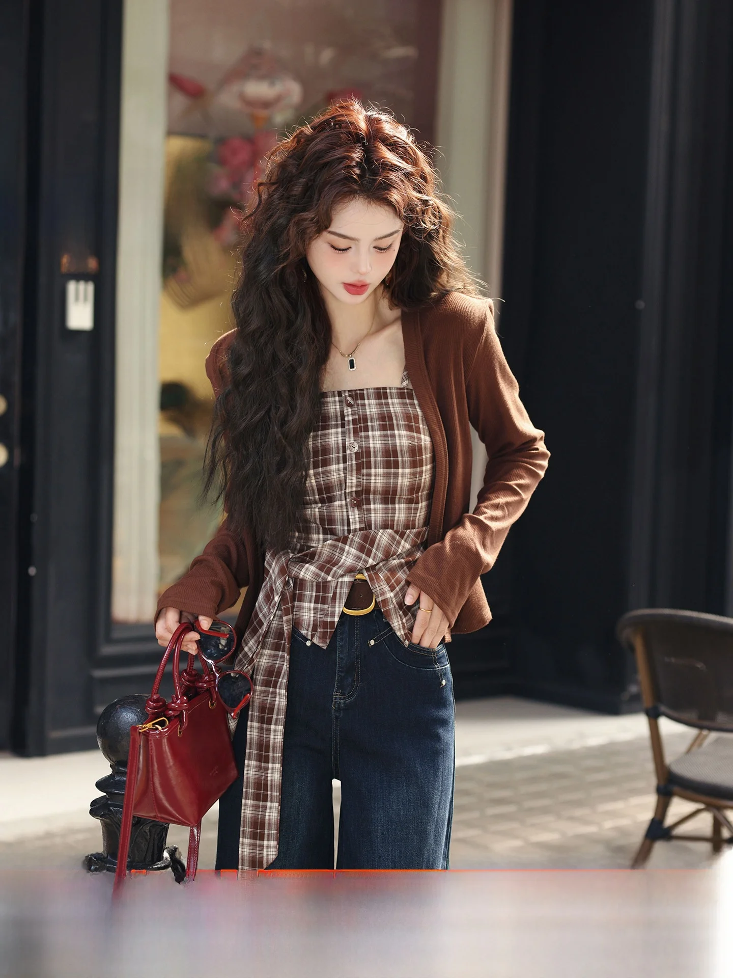 

Chen Jiajie Spring Faion Vanilla Hornet Knitted Long Sve Tank Top Slimming Two-Piece Set Casual Sle Soft Polyester Cot...