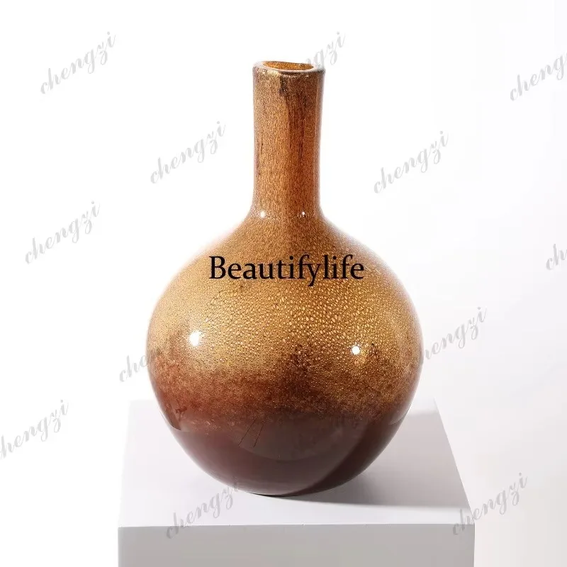 E182 Gradual change gold brown, glass vase, modern light luxury living room entrance flower arrangement soft decoration