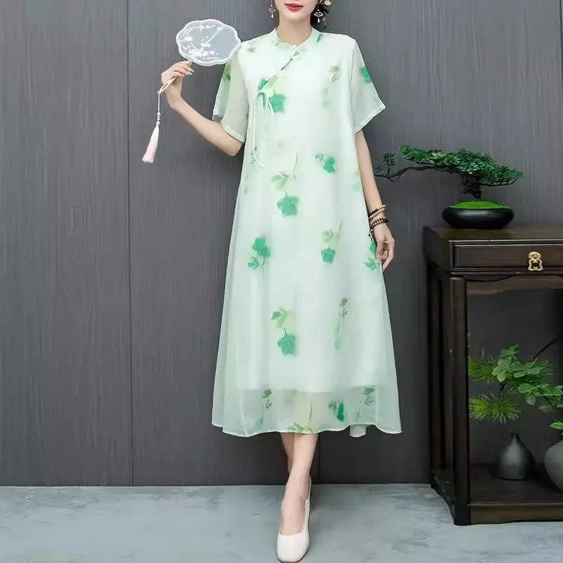 

New Chinese Style Stand Up Collar Printed Dress Oversized Casual Fashion Versatile Short Sleeved Midi Long Dress For Women k1524