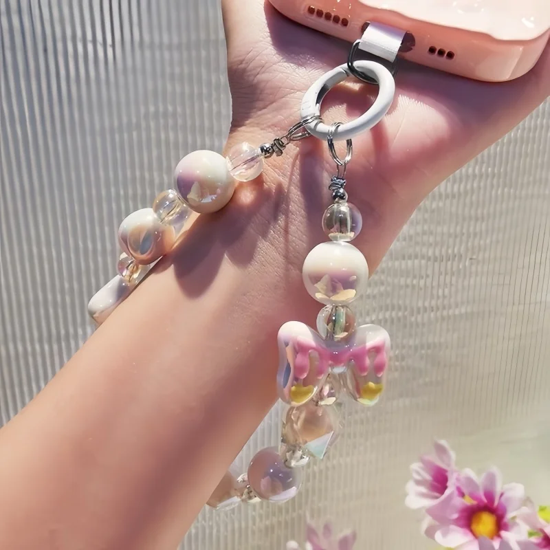 Anti-lost bow colorful round bead bracelet for women, fresh pendant, short mobile phone lanyard, universal bag camera pendant