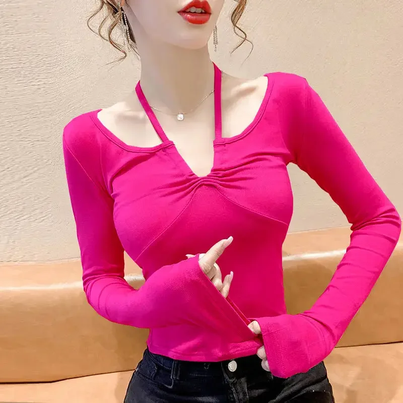 

New Spring and Autumn Fashion Sexy Hanging Neck V-Neck Exposed Collarbone Slimming Long Sleeve Oversize Spicy Girl T-shirt ZL355