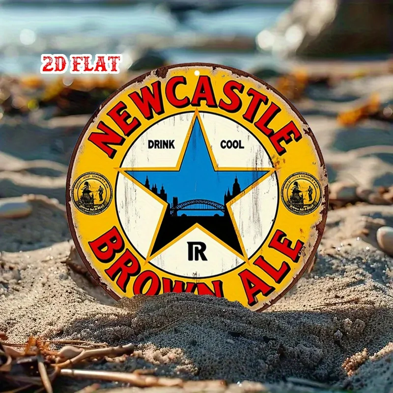 1 قطعة Newcastle Brown Ale Vintage Metal Tin Sign - 19.99 سم لوحة فنية جدارية من الألومنيوم الريفي المستدير مع الطباعة الجريئة وشعار النجمة، Indo