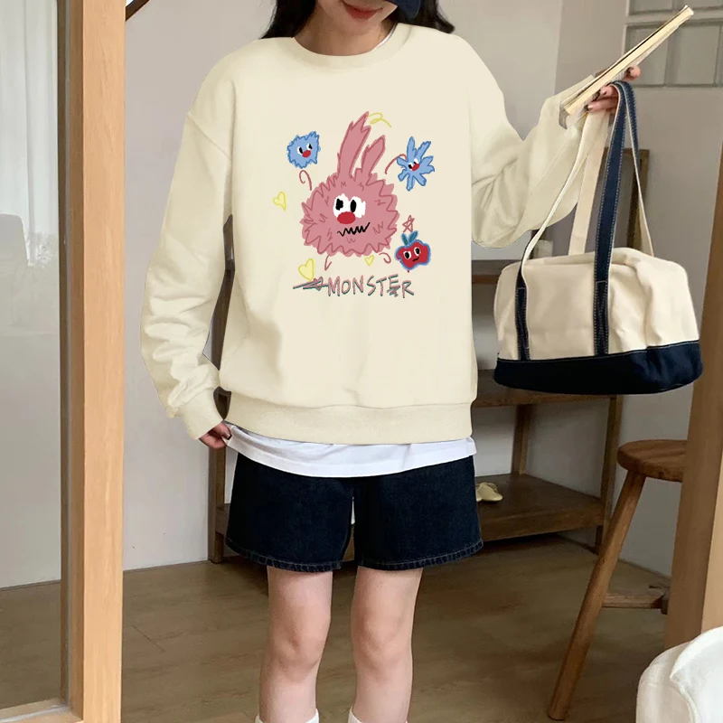 Crew Neck Loose Sweater Women's Spring and Autumn 2024 New Popular Pink Little Monster Trend Printed Sweatshirt