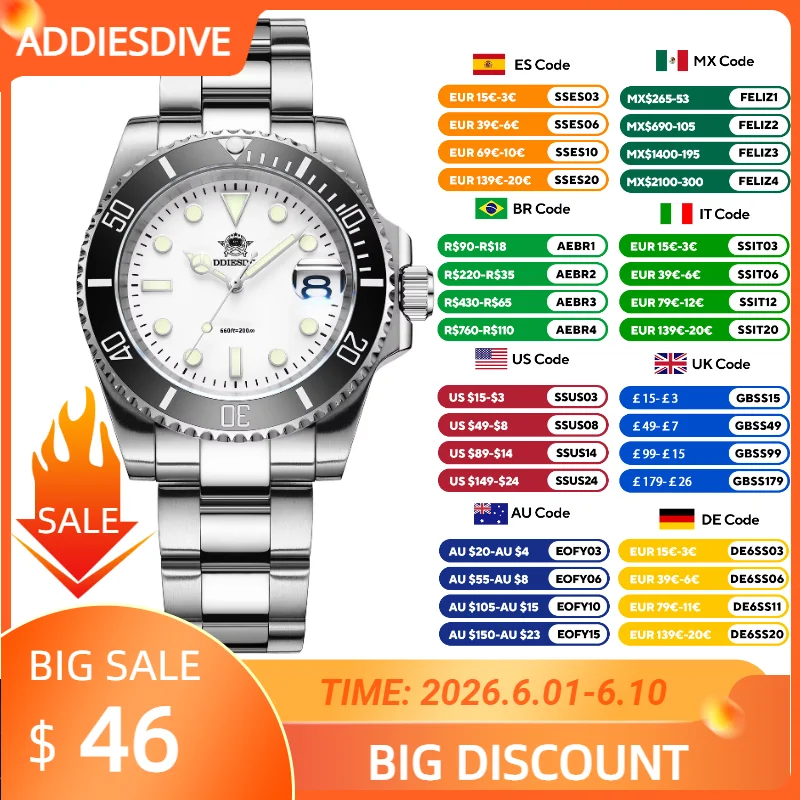 

ADDIESDIVE New Luxury Analog Quartz Watch Stainless Steel 20Bar Dive Sports Men Watches Blue luminous reloj hombre Wristwatches
