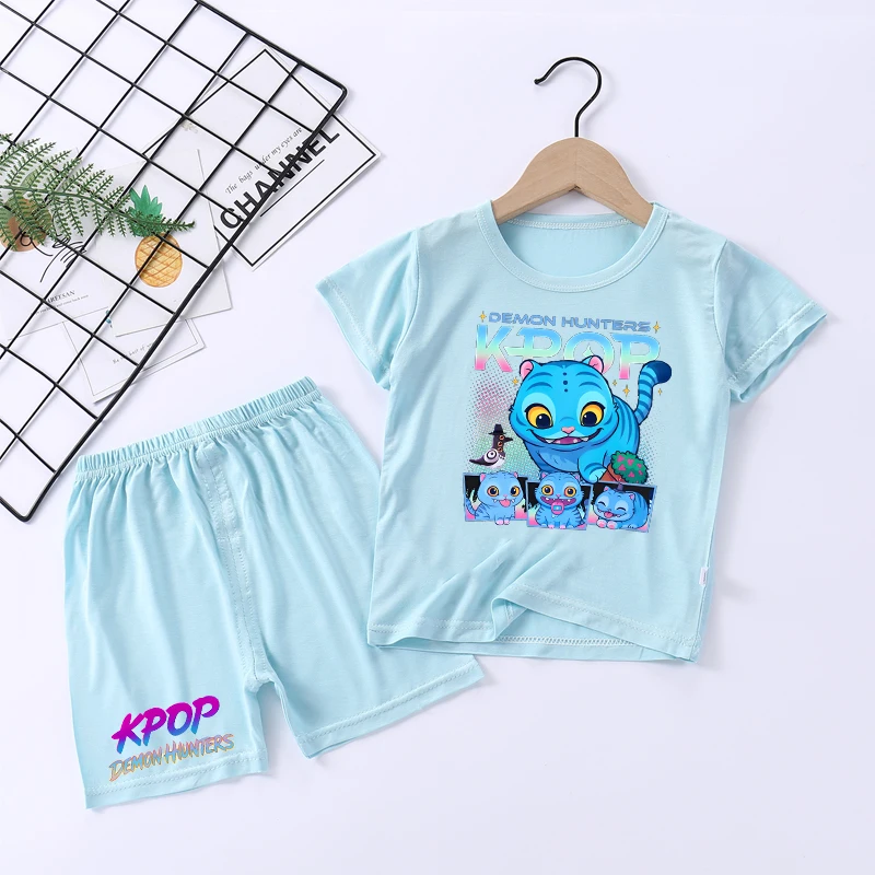 Kpop demon hunters criança pijamas conjunto meninos meninas anime impressão manga curta terno de duas peças dos desenhos animados verão casual homewear crianças presente