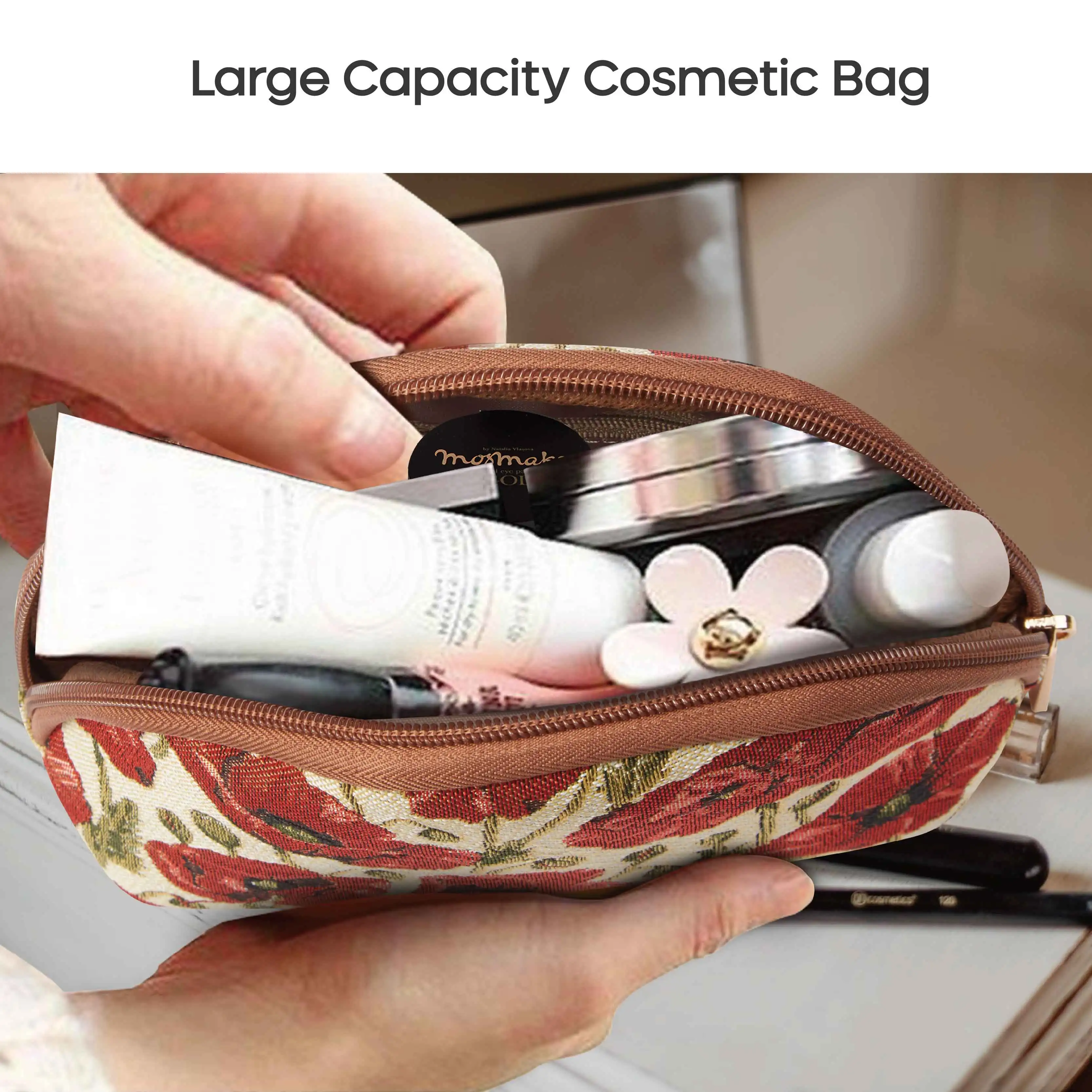 SAJA Tapijt Cosmetische Tas Vrouwen Make-up Tas Reizen Polen Rode Poppy Bloem Patroon Make-up Opslag Organizer Pouch Wallet Schoonheid Make Up Case Tas Vrouwelijke tas voor Dames Ritssluiting Stof Jacquard