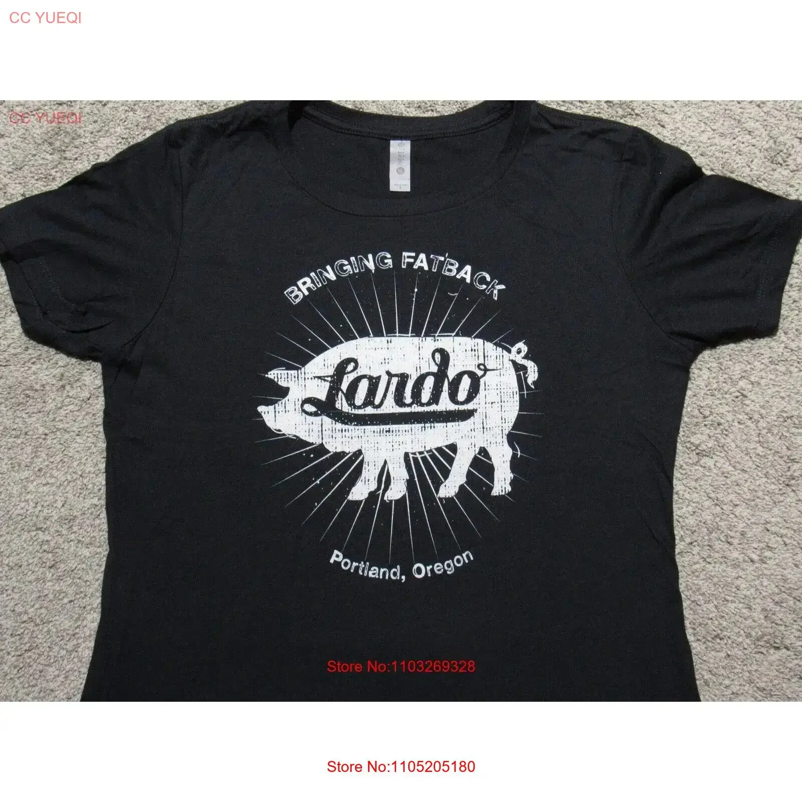 LARDO Bring FatBack T SHIRT Womens L Portland OR Restaurant PDX Foodie Pork Pig vintage Washed Stretched Breathable
