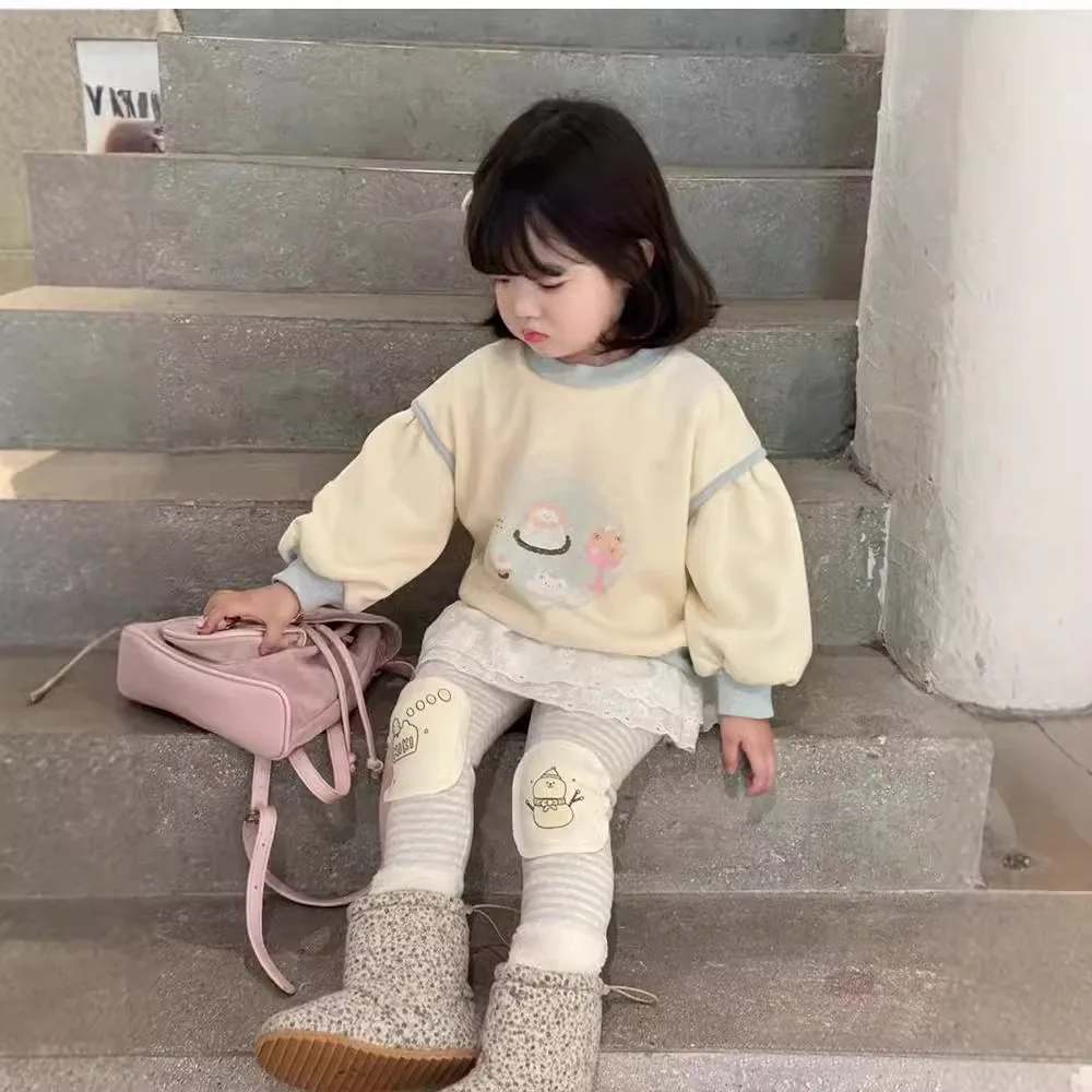 여아 세트 버블 슬리브 플러스 플리스 후드 레깅스 레이스 방귀 커튼 3 피스 세트, 2024 겨울 신상 아동복
