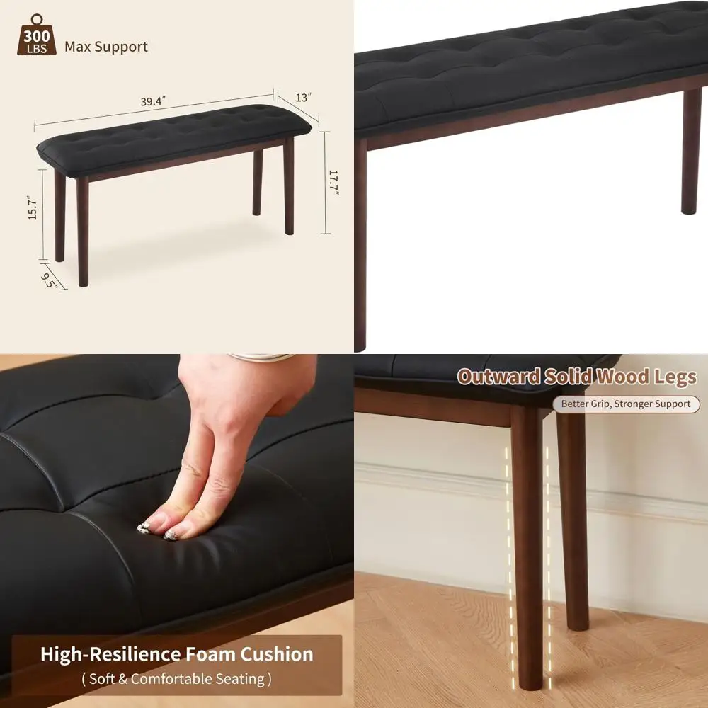 

Черная обеденная скамейка из массива дерева с обивкой из искусственной кожи и подушкой для кухни, столовой, прихожей и спальни