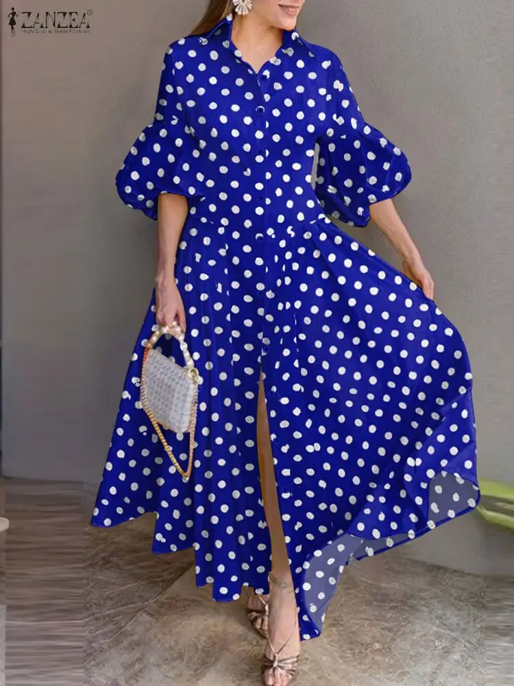 2025 ZANZEA 우아한 랜턴 소매 파티 드레스 스타일리시 여성 맥시 드레스 물방울 무늬 프린트 반소매 선드레스 A라인 베스티도