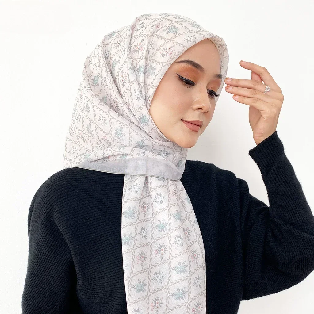 Foulard Hijab Carré en Coton Imprimé pour Femme Musulmane, Châle Islamique Doux, Bandeau de Sauna, 110x110cm