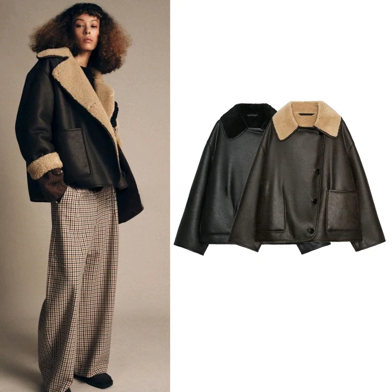 mat Sle Double-Sided Collar Long Sve Jaet Coat New Autumn Women's Faion Single Button PU Leather Polyester