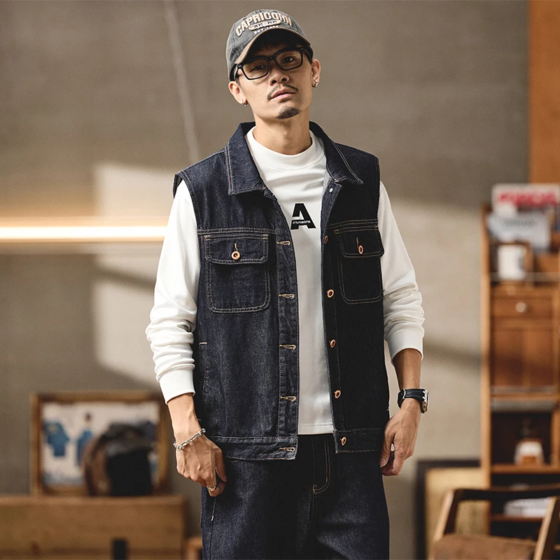 Men Japanese Retro Amikaki Fashion Loose Casual Denim Vest Sleeveless Jacket Cityboy Jeans Waistcoat for Women Vests