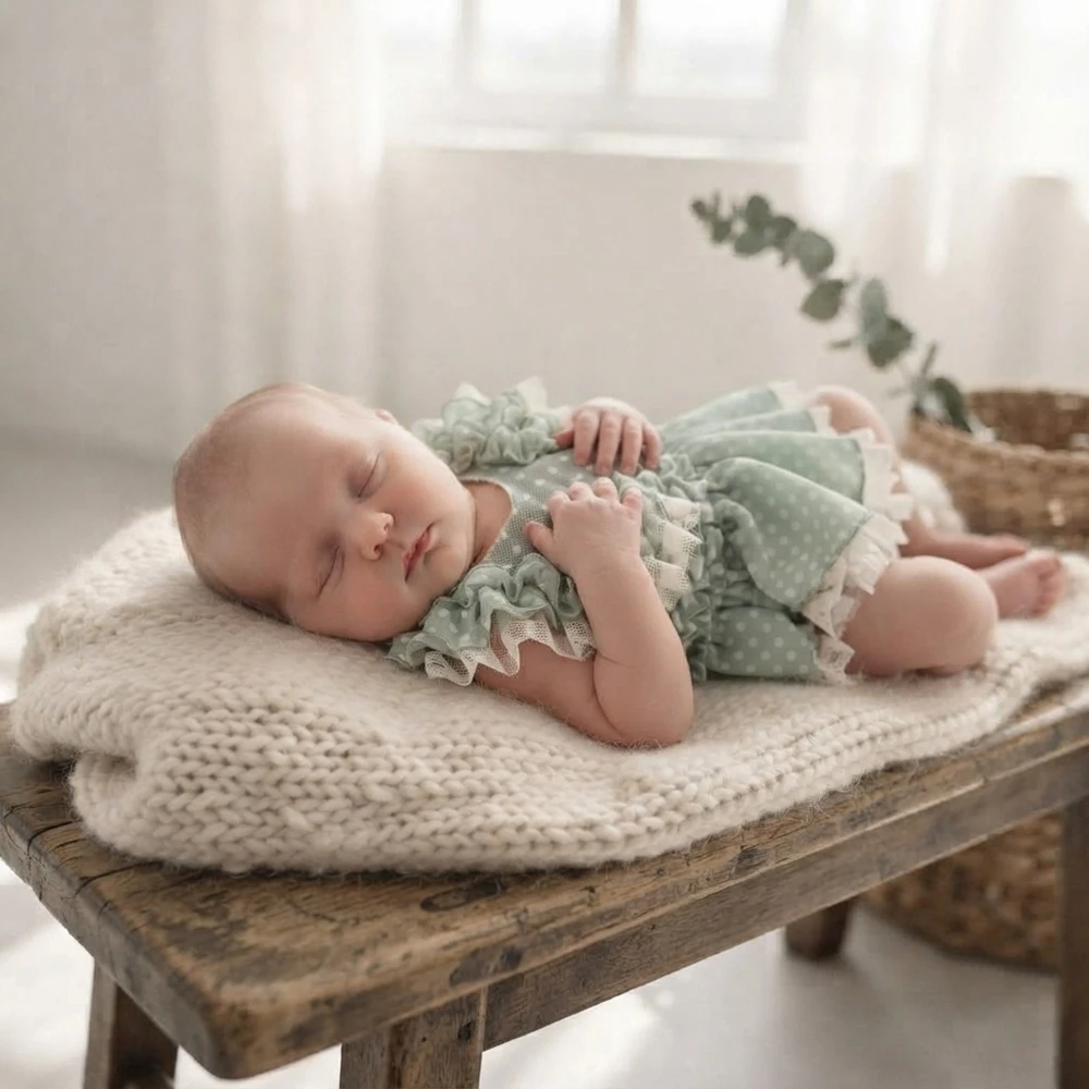 Vintage Newborn Photo Props Sage Green Polka Dot Ruffle Romper Infant Photography Outfit Studio Posing Onesie Dress