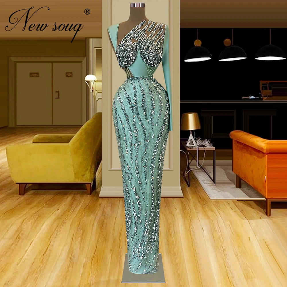 Green Long Sleeves Evening Dresses Turkish Dubai Mermaid Celebrity Gowns Red Carpet Dress Luxury Beaded Wedding Party Gowns 2023