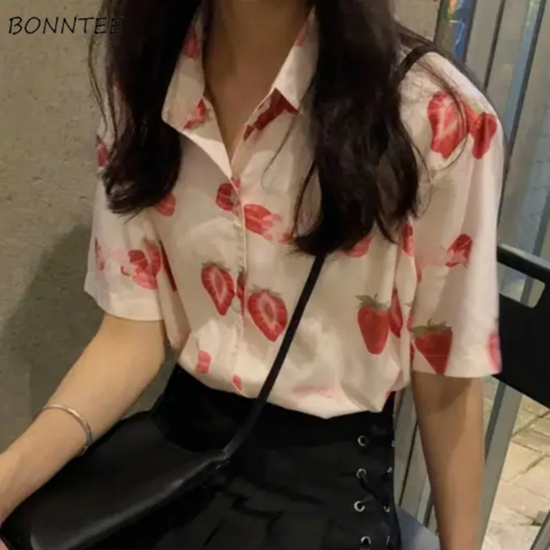 

Short-sleeved Shirts Women Casual Printed Design All-match Trendy Harajuku Turn-down Collar Loose Fit Students Ulzzang Summer