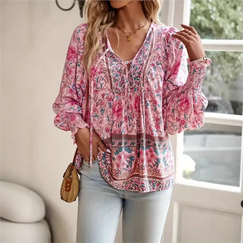 

Spring/Summer New Bohemian Vacation Style Plant Flower Print V-neck Lace Up Long Sleeve Top Shirt Women's Non Button Loose Type
