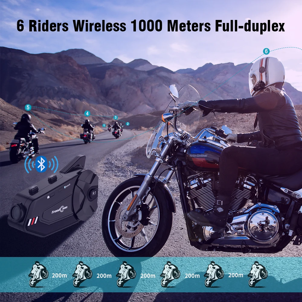 Мотогарнитура Freedconn, Bluetooth, 6 каналов, 1000 м, Wi-Fi